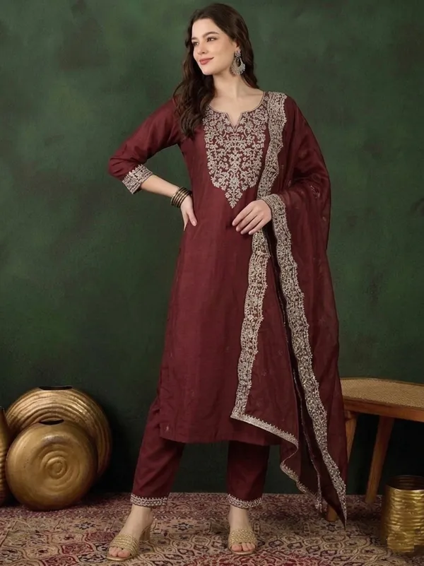 Maroon_Embroidered_Straight_Kurta_Set_For_Women