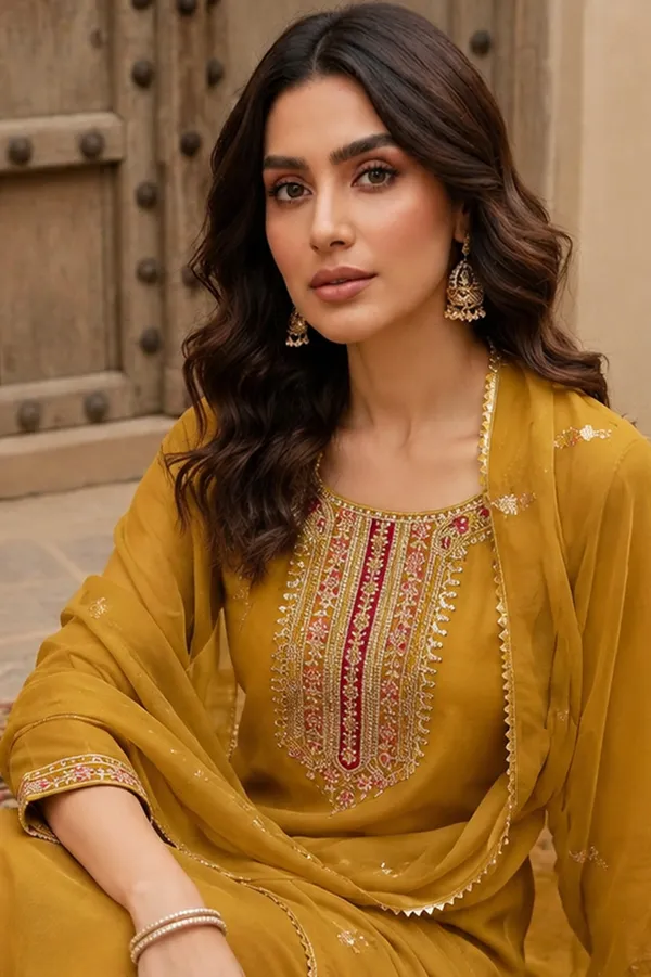 Mustard_Embroidered_Straight_Kurta_Set_For_Women