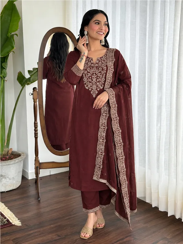 Maroon_Embroidered_Straight_Kurta_Set_For_Women