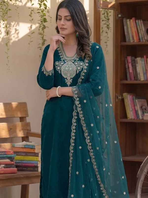 Teal_Embroidered_Straight_Kurta_Set_For_Women