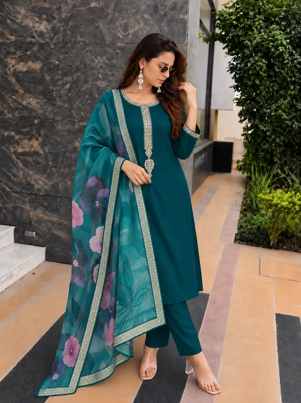 Teal_Embroidered_Straight_Kurta_Set_For_Women
