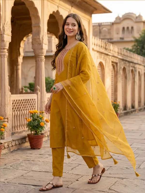 Mustard_Embroidered_Straight_Kurta_Set_For_Women