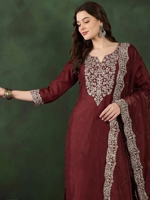 Maroon_Embroidered_Straight_Kurta_Set_For_Women