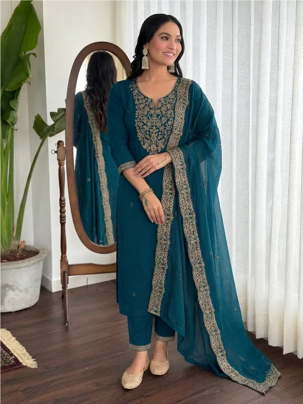 Teal_Embroidered_Straight_Salwar_Suit_Set_For_Women