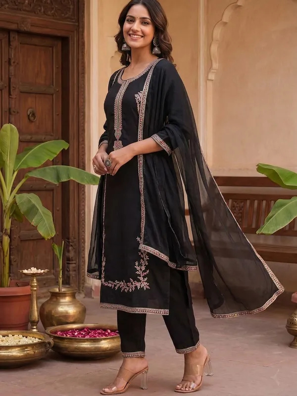 Black_Embroidered_Straight_Kurta_Set_With_Dupatta_For_Women