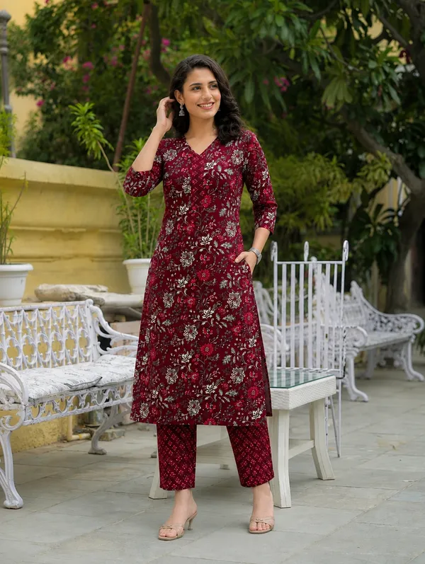Maroon_Floral_Printed_Straight_Kurta_Set_For_Women