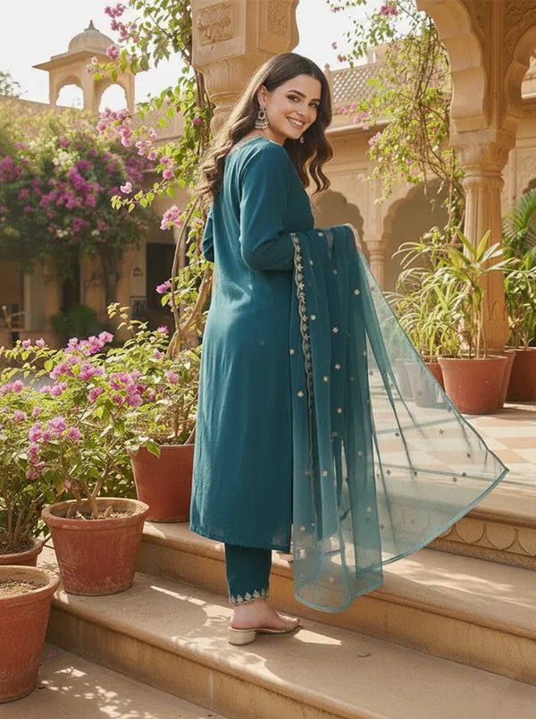 Teal_Embroidered_Straight_Kurta_Set_For_Women