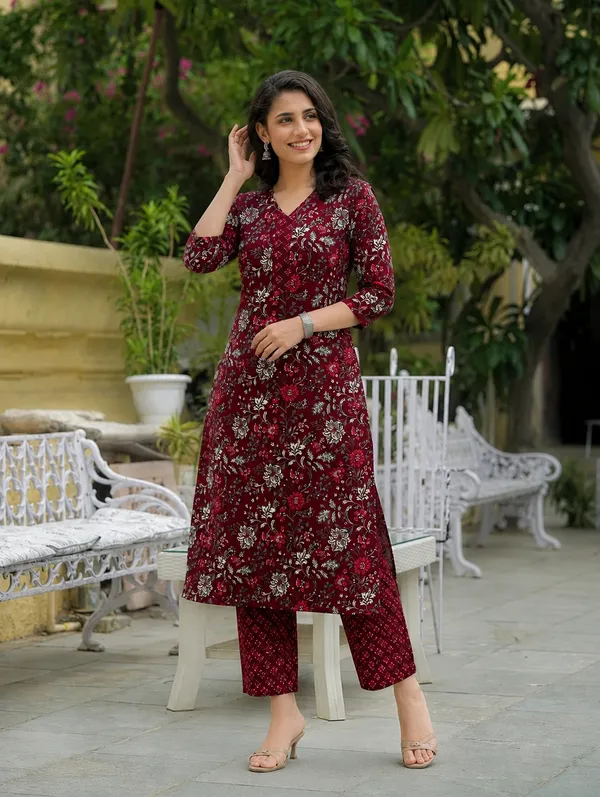 Maroon_Floral_Printed_Straight_Kurta_Set_For_Women