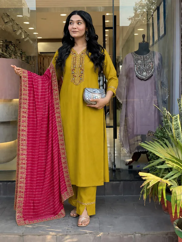 Mustard_Embroidered_Straight_Kurta_Set_For_Women