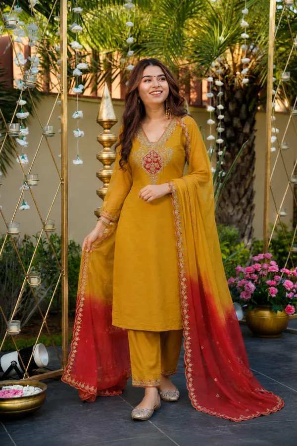 Mustard_Embroidered_Straight_Kurta_Set_For_Women