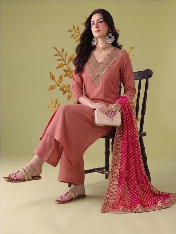 Peach_Embroidered_Straight_Kurta_Set_For_Women