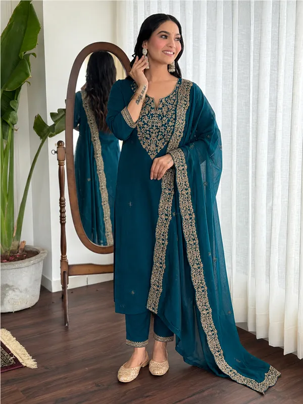 Teal_Embroidered_Straight_Salwar_Suit_Set_For_Women
