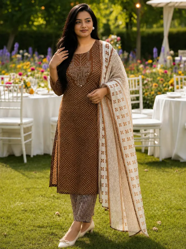 Brown_Printed_Straight_Kurta_Set_With_Dupatta_For_Women