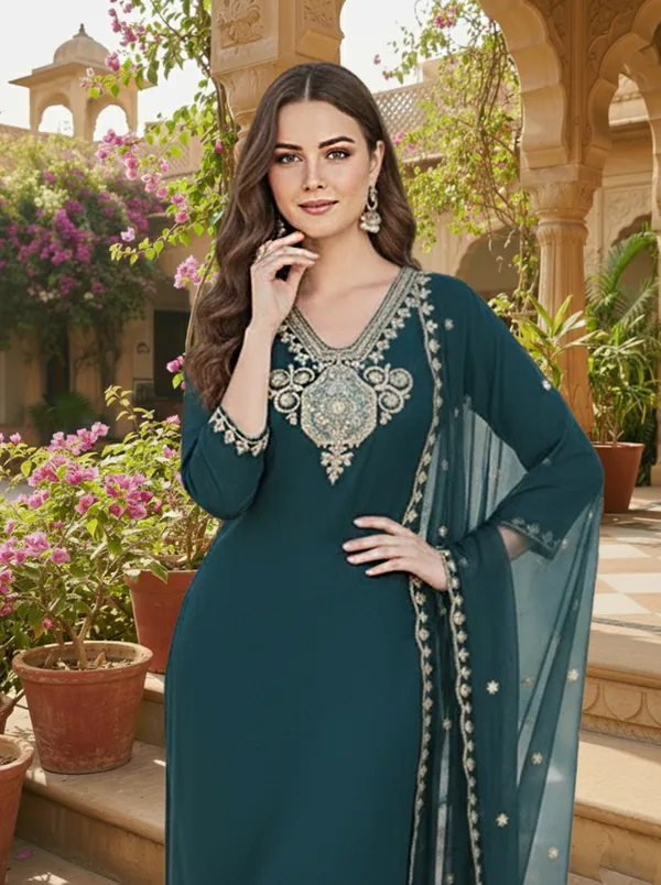 Teal_Embroidered_Straight_Kurta_Set_For_Women