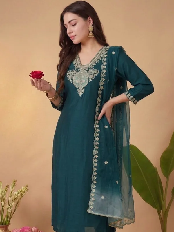Teal_Embroidered_Straight_Kurta_Set_For_Women