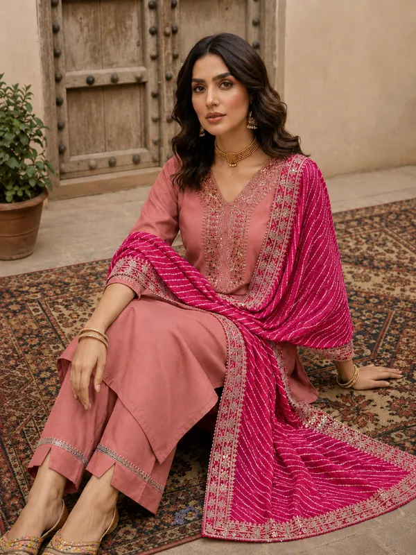 Peach_Embroidered_Straight_Kurta_Set_For_Women