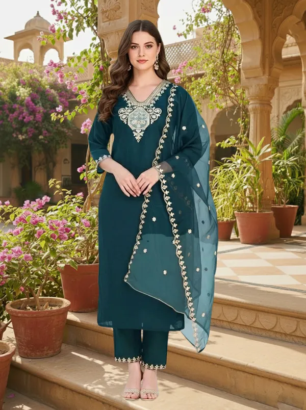 Teal_Embroidered_Straight_Kurta_Set_For_Women