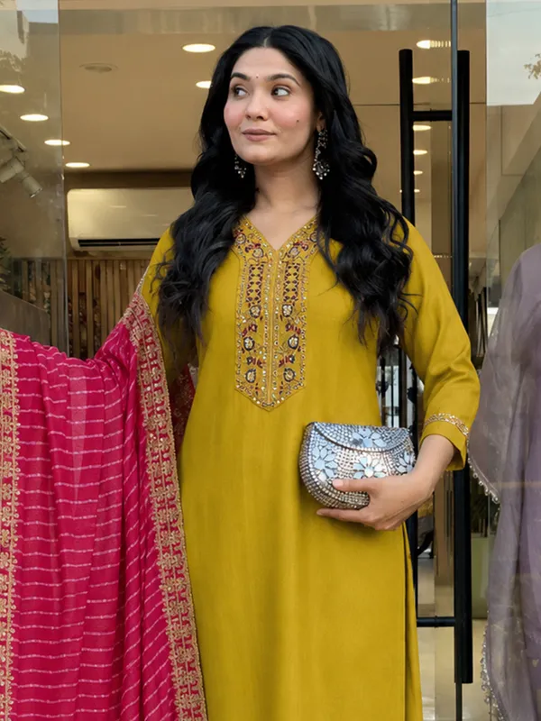 Mustard_Embroidered_Straight_Kurta_Set_For_Women