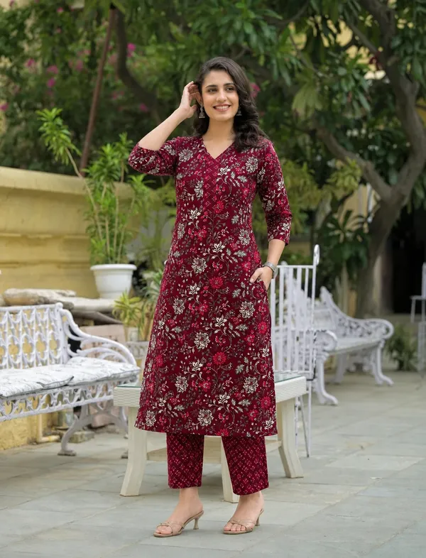 Maroon_Floral_Printed_Straight_Kurta_Set_For_Women