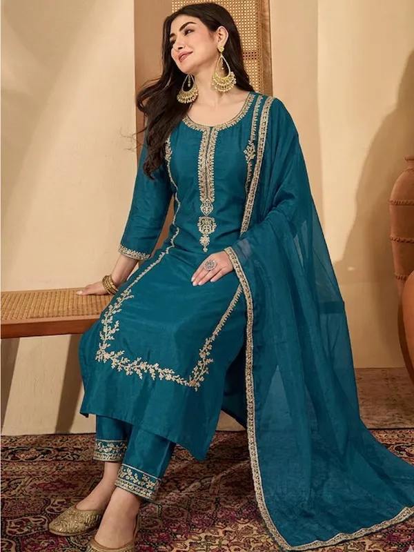 Teal_Embroidered_Straight_Salwar_Suit_Set_For_Women