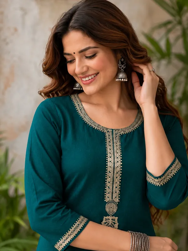 Teal_Embroidered_Straight_Kurta_Set_For_Women