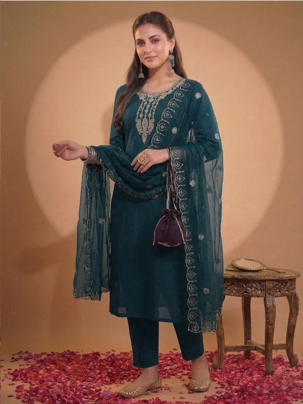 Teal_Embroidered_Straight_Kurta_Set_For_Women