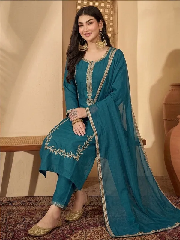 Teal_Embroidered_Straight_Salwar_Suit_Set_For_Women