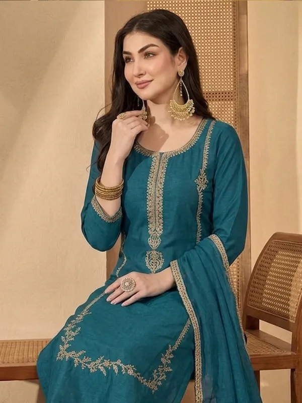Teal_Embroidered_Straight_Salwar_Suit_Set_For_Women