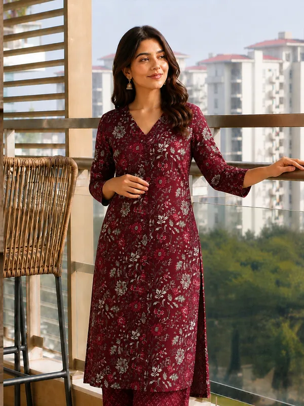Maroon_Floral_Printed_Straight_Kurta_Set_For_Women
