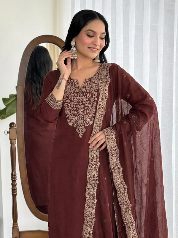 Maroon_Embroidered_Straight_Kurta_Set_For_Women