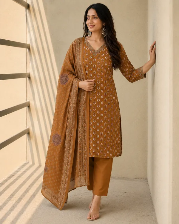 Mustard_Brown_Floral_Printed_Straight_Kurta_Set_For_Women