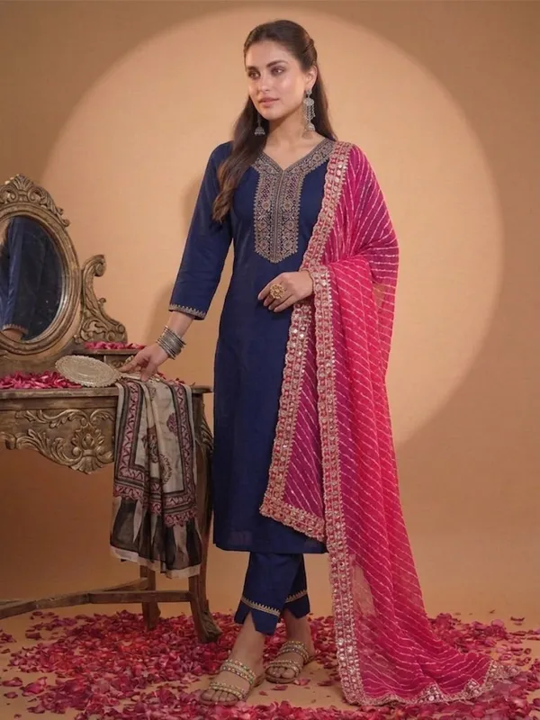 Navy_Embroidered_Straight_Kurta_Pant_Set_With_Dupatta_For_Women