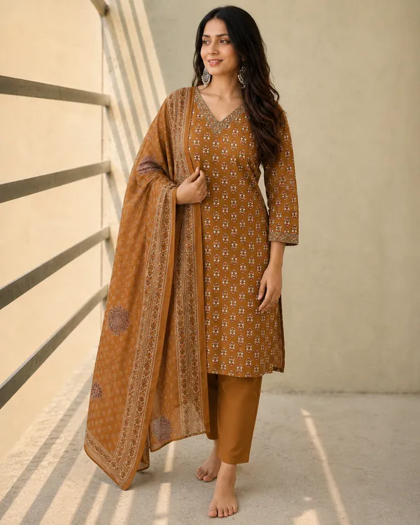 Mustard_Brown_Floral_Printed_Straight_Kurta_Set_For_Women