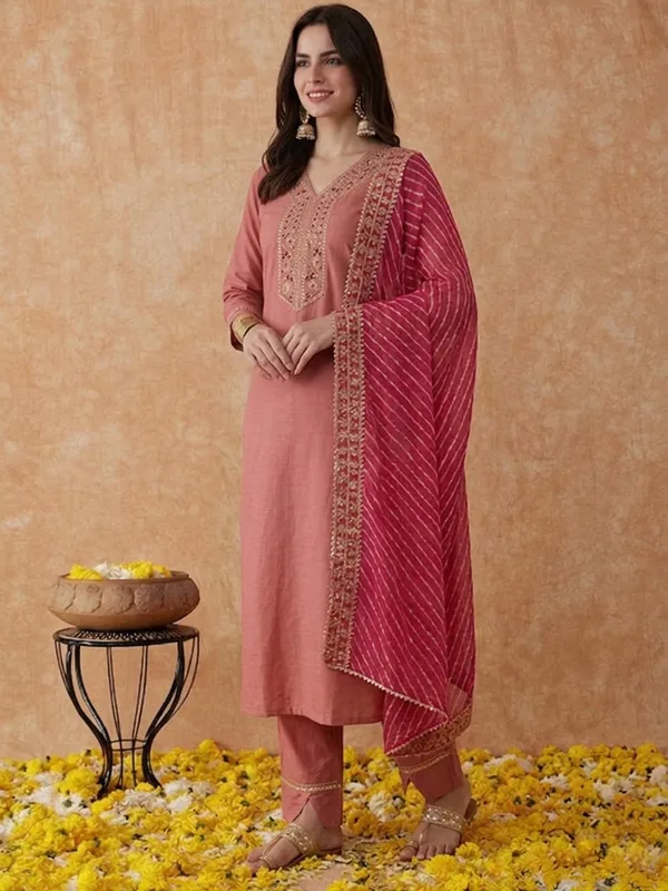 Peach_Embroidered_Straight_Kurta_Set_For_Women