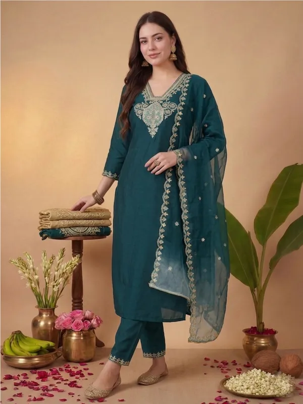 Teal_Embroidered_Straight_Kurta_Set_For_Women