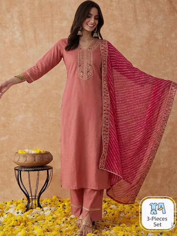Peach_Embroidered_Straight_Kurta_Set_For_Women