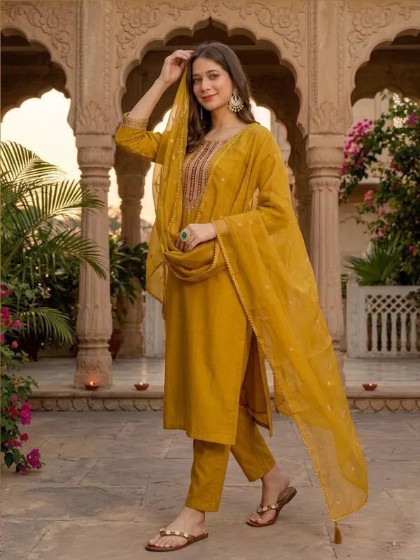 Mustard_Embroidered_Straight_Kurta_Set_For_Women