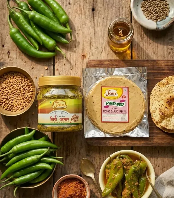 Green_Chilli_Stuffed_Pickle_Bharwa_Hari_Mirch_Achaar_With_Traditional_Indian_Spices_Jain_Pickle_Wala_And_Moong_Garlic_Special_Papad_Jain_Pickle_Wala_Crispy_Traditional_Protein_Rich_Papad_Pack_Of_2