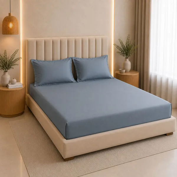 300tc_Solid_100_Pure_Cotton_King_Bedsheet_Set_1_Bedsheet_2_Pillow_Covers_Steel_Blue