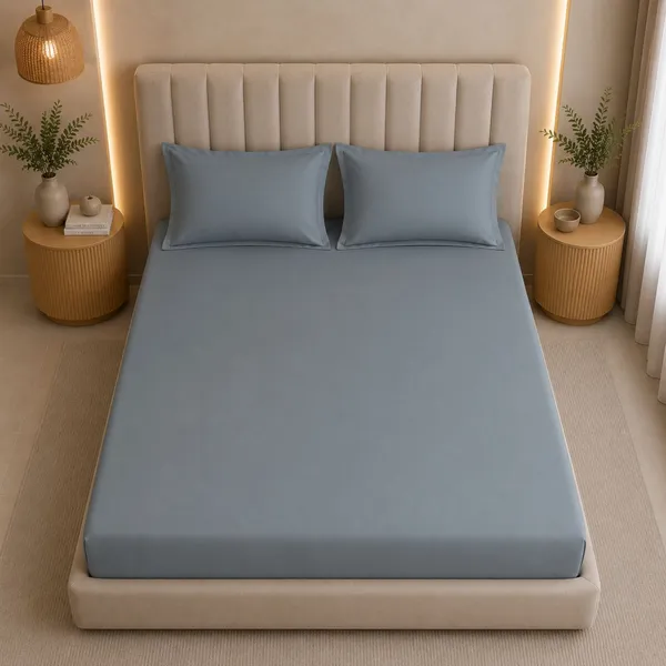 300tc_Solid_100_Pure_Cotton_King_Bedsheet_Set_1_Bedsheet_2_Pillow_Covers_Steel_Blue