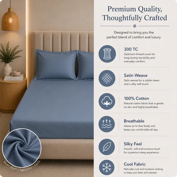 300tc_Solid_100_Pure_Cotton_King_Bedsheet_Set_1_Bedsheet_2_Pillow_Covers_Steel_Blue