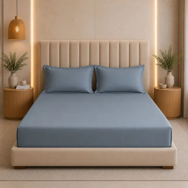 300tc_Solid_100_Pure_Cotton_King_Bedsheet_Set_1_Bedsheet_2_Pillow_Covers_Steel_Blue