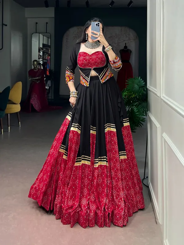 Black_And_Red_Embellished_Flared_Lehenga_Set_For_Women