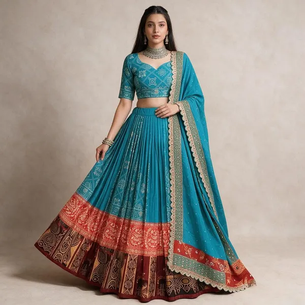 Turquoise_Cotton_Printed_Flared_Lehenga_Choli_For_Women