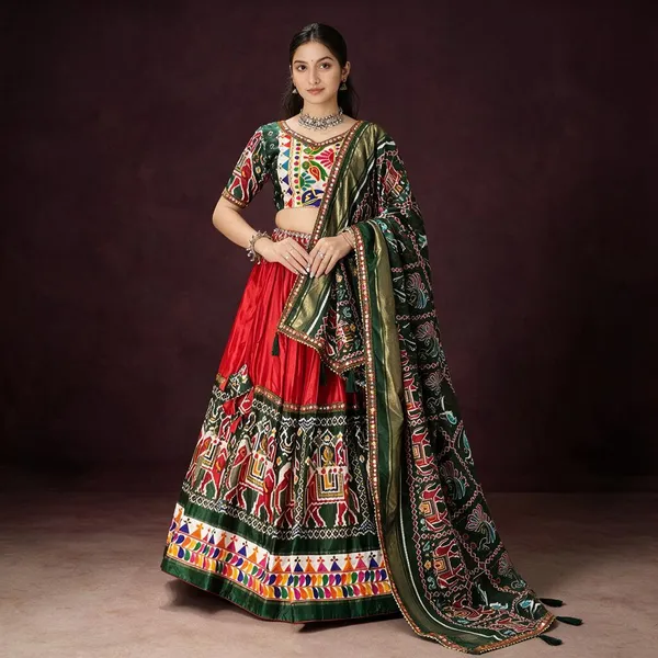 Red_Green_Cotton_Printed_Flared_Lehenga_Choli_For_Women
