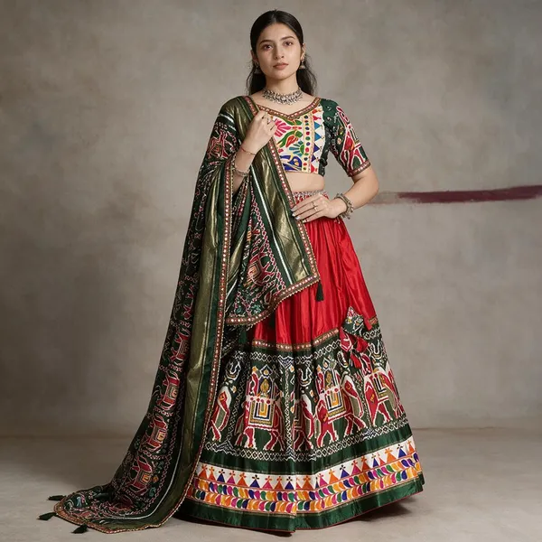 Red_Green_Cotton_Printed_Flared_Lehenga_Choli_For_Women