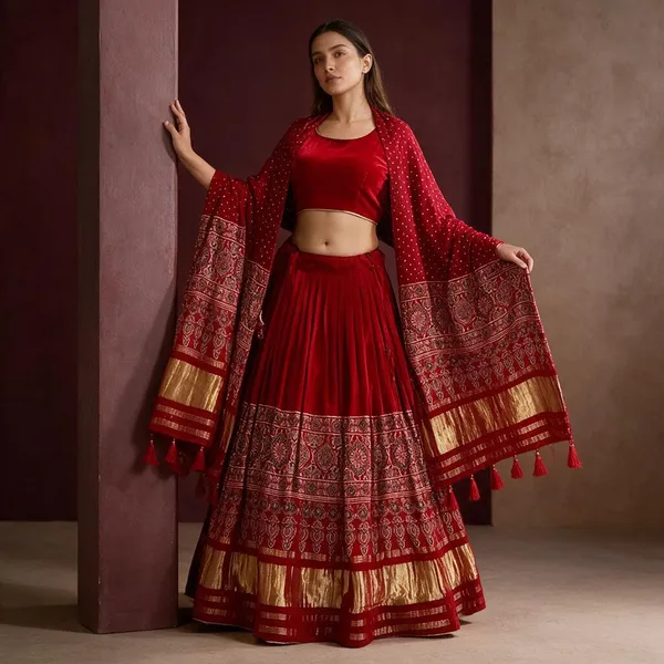 Red_Cotton_Printed_Flared_Lehenga_Choli_For_Women