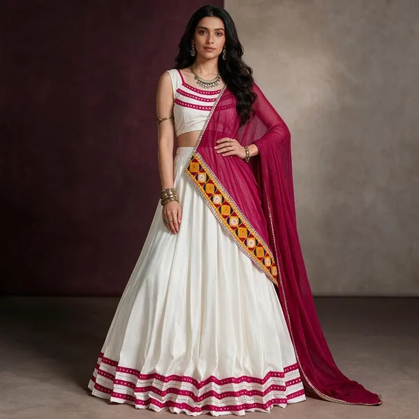 White_Magenta_Cotton_Embellished_Flared_Lehenga_Choli_For_Women