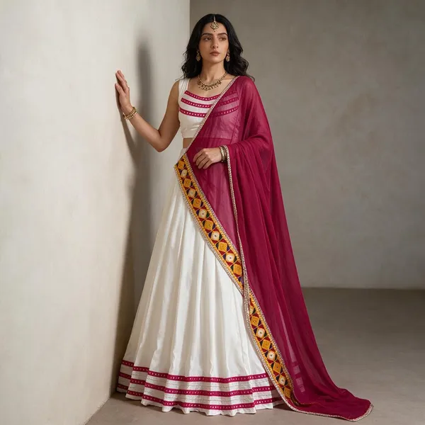White_Magenta_Cotton_Embellished_Flared_Lehenga_Choli_For_Women