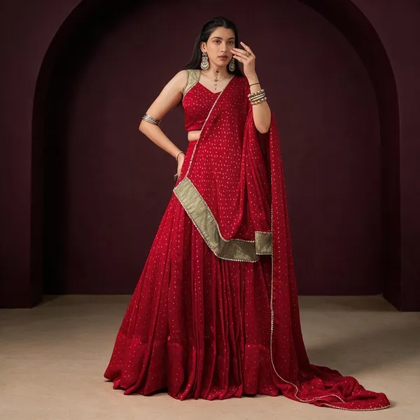 Red_Georgette_Printed_Flared_Lehenga_Choli_For_Women